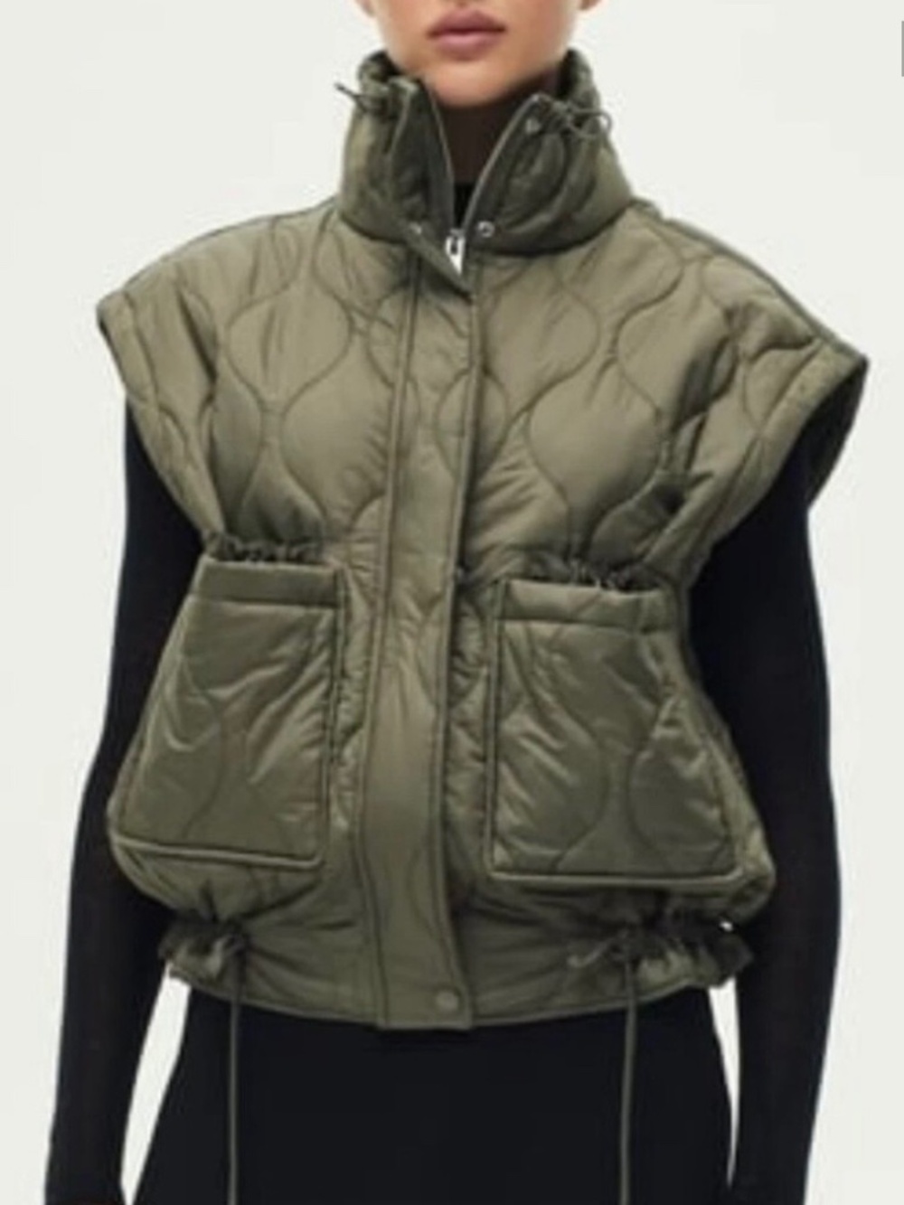 ZARA Quilted Zip And Button Front Puffer Vest Olive SZ L